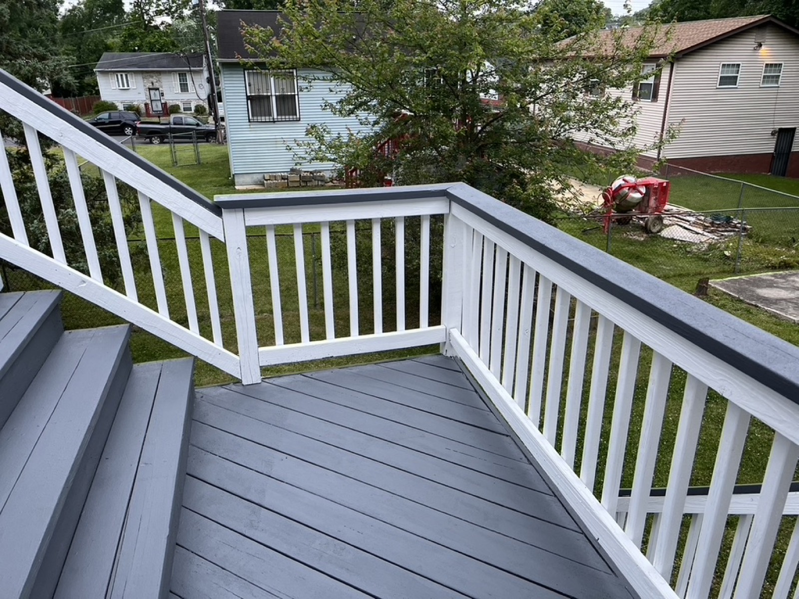 Deck white vinyl railing backyard MD