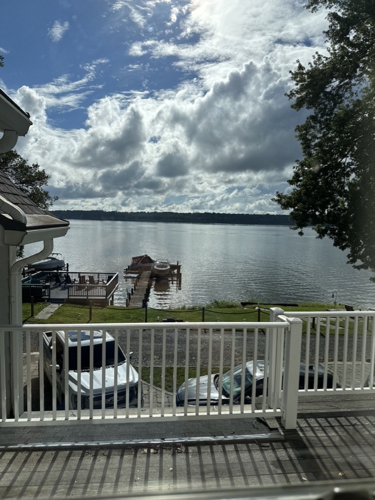 Lakefront dock white railing