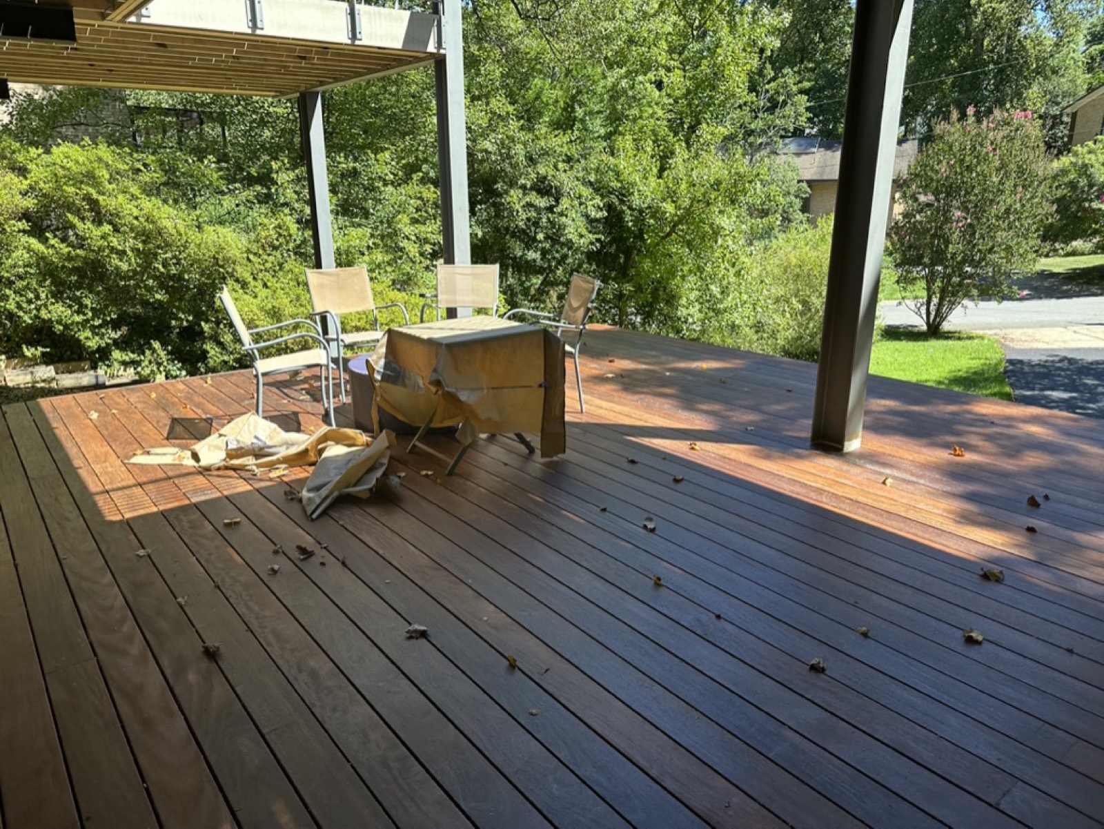 Restored deck stained golden retriever