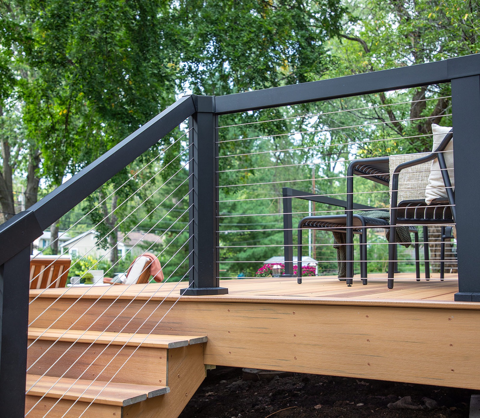 Waterfront deck black railing